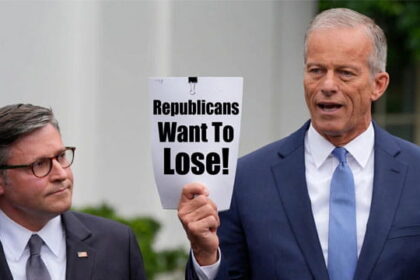 Republican Senator John Thune and Mike Johnson wearing suits standing in Congress speaking.