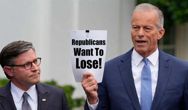 Republican Senator John Thune and Mike Johnson wearing suits standing in Congress speaking.