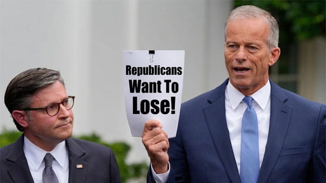 Republican Senator John Thune and Mike Johnson wearing suits standing in Congress speaking.