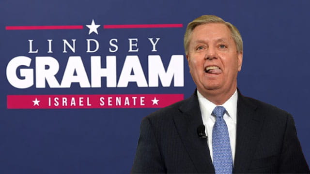 Lindsey Graham wearing a suit standing in front of a campaign sign with the words "Israel Senate."