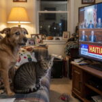 Dog and cat sitting on couch watching TV of Congress voting on Haitian TPS.