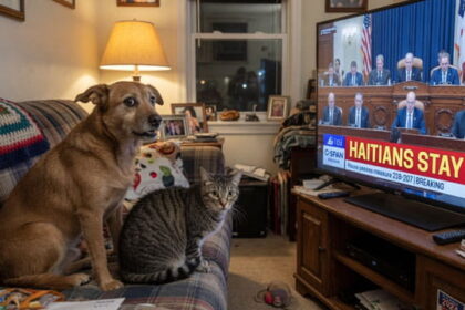 Dog and cat sitting on couch watching TV of Congress voting on Haitian TPS.