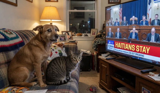 Dog and cat sitting on couch watching TV of Congress voting on Haitian TPS.