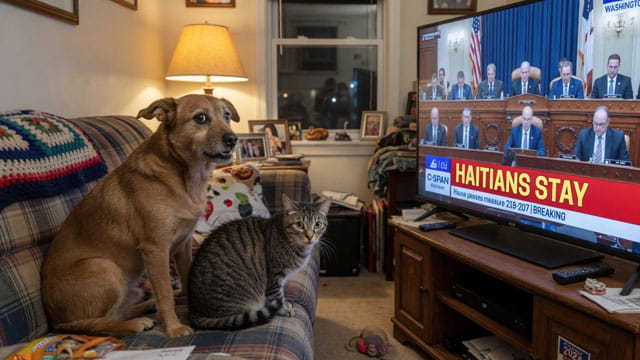 Dog and cat sitting on couch watching TV of Congress voting on Haitian TPS.