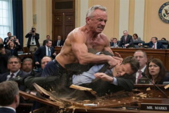 RFK Jr. shirtless slamming a suited Congressman through a table inside of Congressional hearing.