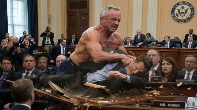 RFK Jr. shirtless slamming a suited Congressman through a table inside of Congressional hearing.