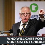 Tim Walz giving a speech behind podium on FBI raids on Somali daycare centers.