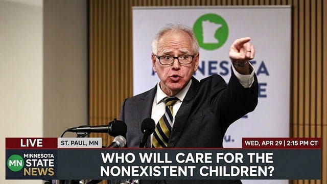 Tim Walz giving a speech behind podium on FBI raids on Somali daycare centers.
