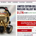 Gold nuclear fallout mask with the word "Trump" on the mask on an online store website.