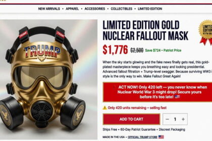 Gold nuclear fallout mask with the word "Trump" on the mask on an online store website.