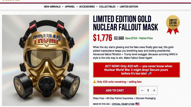 Gold nuclear fallout mask with the word "Trump" on the mask on an online store website.