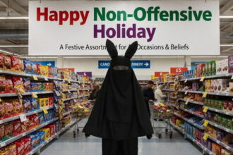 UK Easter Bunny wearing a full black burka.