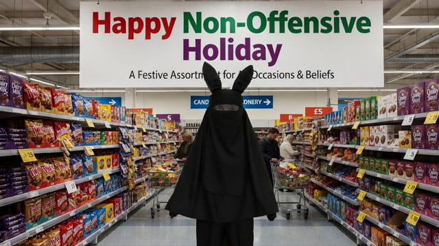 UK Easter Bunny wearing a full black burka.