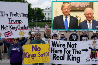 No Kings protesters outside White House protesting President Trump during King Charles visit.