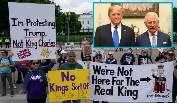 No Kings protesters outside White House protesting President Trump during King Charles visit.