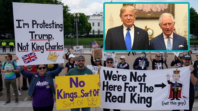 No Kings protesters outside White House protesting President Trump during King Charles visit.