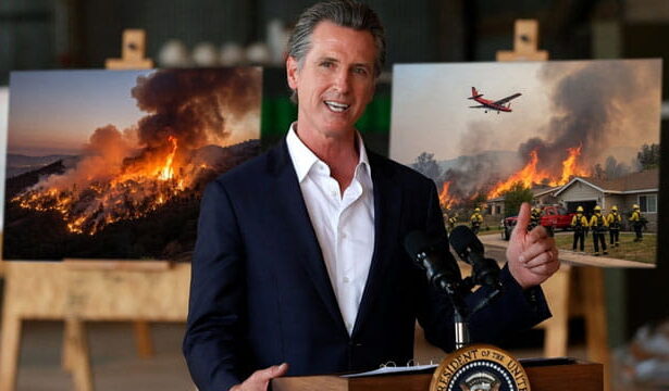 California Governor Gavin Newsom speaking at a podium in front of images of wildfires.