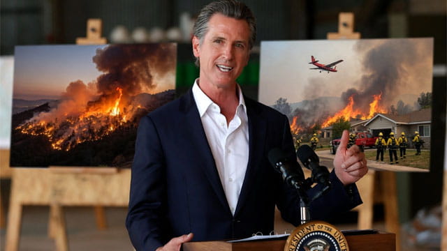 California Governor Gavin Newsom speaking at a podium in front of images of wildfires.