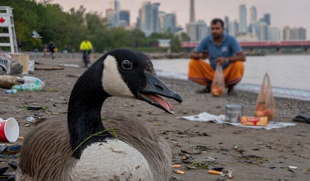 Canada goose with disgusted look on face watching Indian immigrant pooping on Toronto beach.