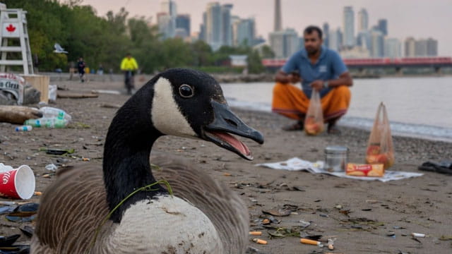 Canada goose with disgusted look on face watching Indian immigrant pooping on Toronto beach.