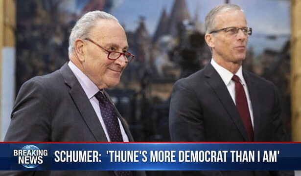 Congress members Chuck Schumer and John Thune giving interview in Senate building.