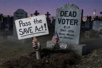 Dead American Republican voter reaching hand out of grave holding sign for Congress with words "Pass the SAVE Act."