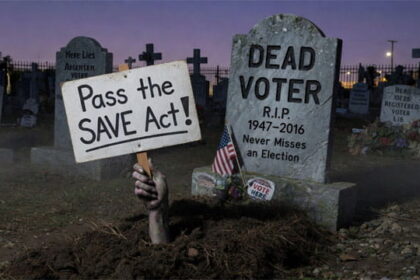Dead American Republican voter reaching hand out of grave holding sign for Congress with words "Pass the SAVE Act."