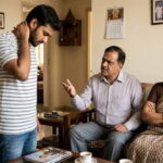 Indian parents sitting on couch angry at their son standing in front of them.
