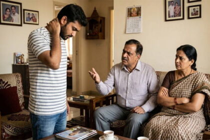 Indian parents sitting on couch angry at their son standing in front of them.