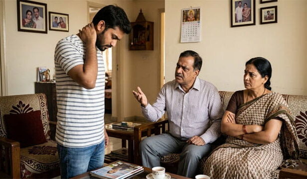 Indian parents sitting on couch angry at their son standing in front of them.