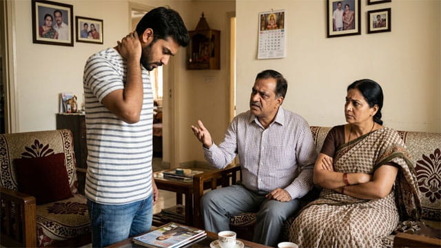 Indian parents sitting on couch angry at their son standing in front of them.
