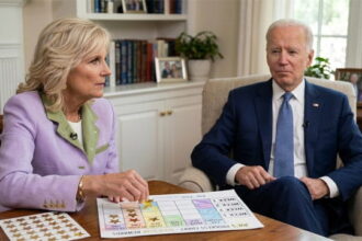 Jill Biden and Joe Biden sitting at home in a living room.