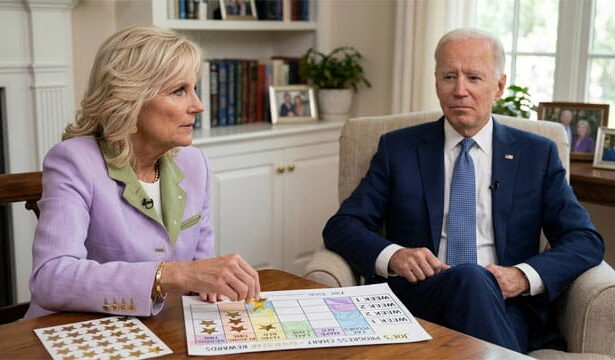 Jill Biden and Joe Biden sitting at home in a living room.