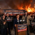 Los Angeles Mayor Karen Bass standing in front of a California wildfire.