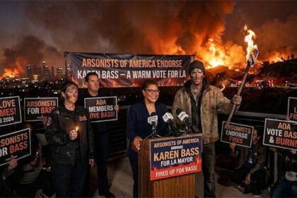 Los Angeles Mayor Karen Bass standing in front of a California wildfire.