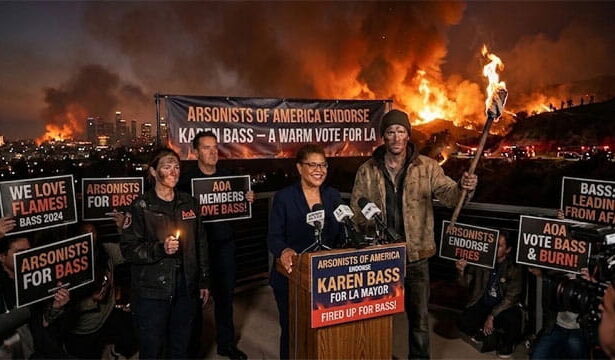 Los Angeles Mayor Karen Bass standing in front of a California wildfire.