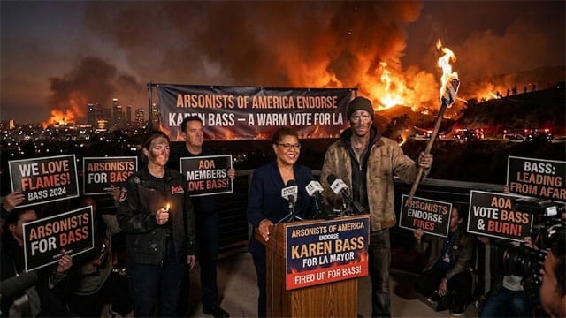 Los Angeles Mayor Karen Bass standing in front of a California wildfire.