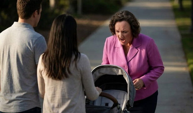 California Democrat Katie Porter looking down at a baby stroller and yelling.