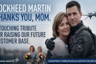 Lockheed Martin advertisement showing a man and woman hugging for Mother's Day.