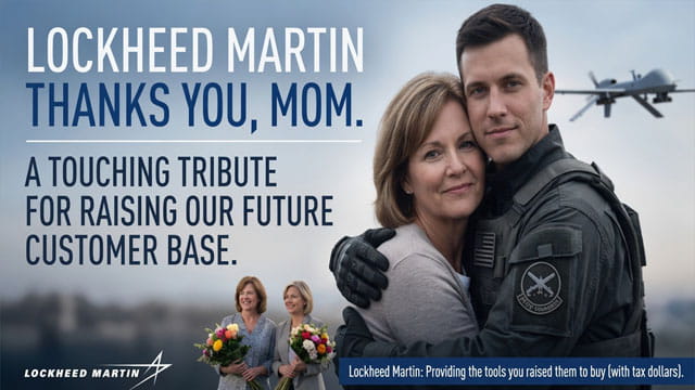 Lockheed Martin advertisement showing a man and woman hugging for Mother's Day.