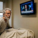 Man in a hospital bed waking from a coma, a news station showing Iran on a television on wall.