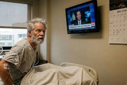 Man in a hospital bed waking from a coma, a news station showing Iran on a television on wall.
