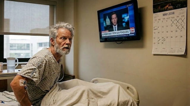 Man in a hospital bed waking from a coma, a news station showing Iran on a television on wall.