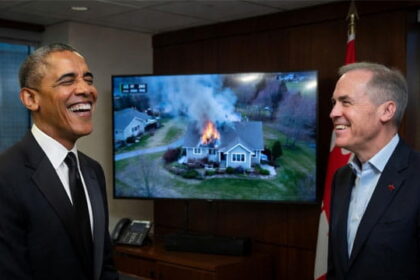 Barack Obama and Mark Carney inside of the Canada prime minister's office talking and laughing.