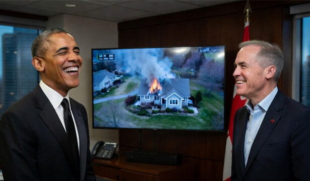 Barack Obama and Mark Carney inside of the Canada prime minister's office talking and laughing.