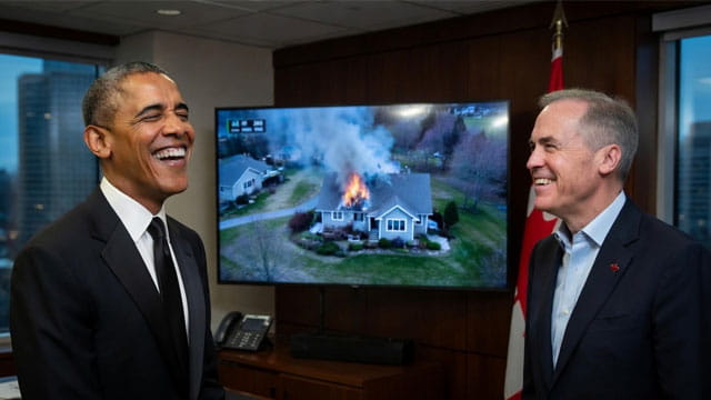 Barack Obama and Mark Carney inside of the Canada prime minister's office talking and laughing.