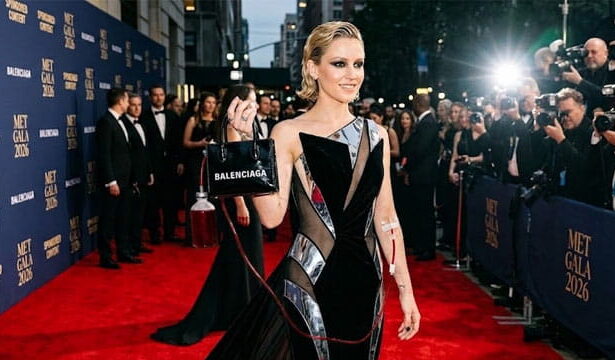 Met Gala celebrity holding a Balenciaga bag with a red Adrenochrome IV in her arm.