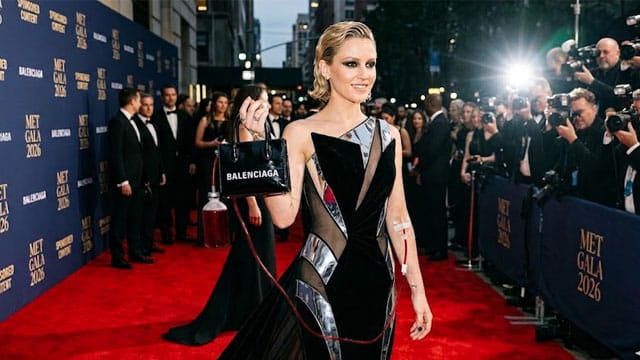 Met Gala celebrity holding a Balenciaga bag with a red Adrenochrome IV in her arm.