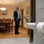 Thomas Massie standing in a dining room from the view from a bathroom showing a toilet and toilet paper.