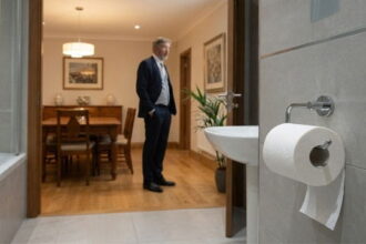 Thomas Massie standing in a dining room from the view from a bathroom showing a toilet and toilet paper.